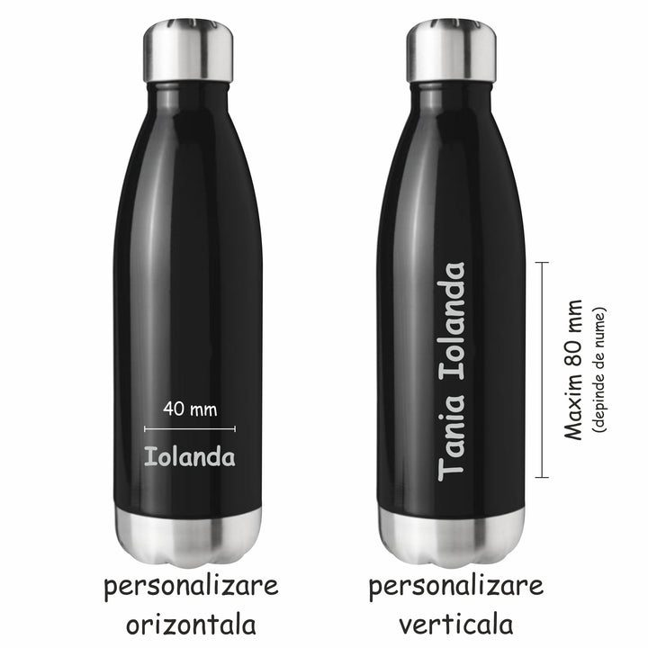 Sticla Termos din Inox, Personalizata cu numele tau, Pereti Dubli, 0.5 L, Negru