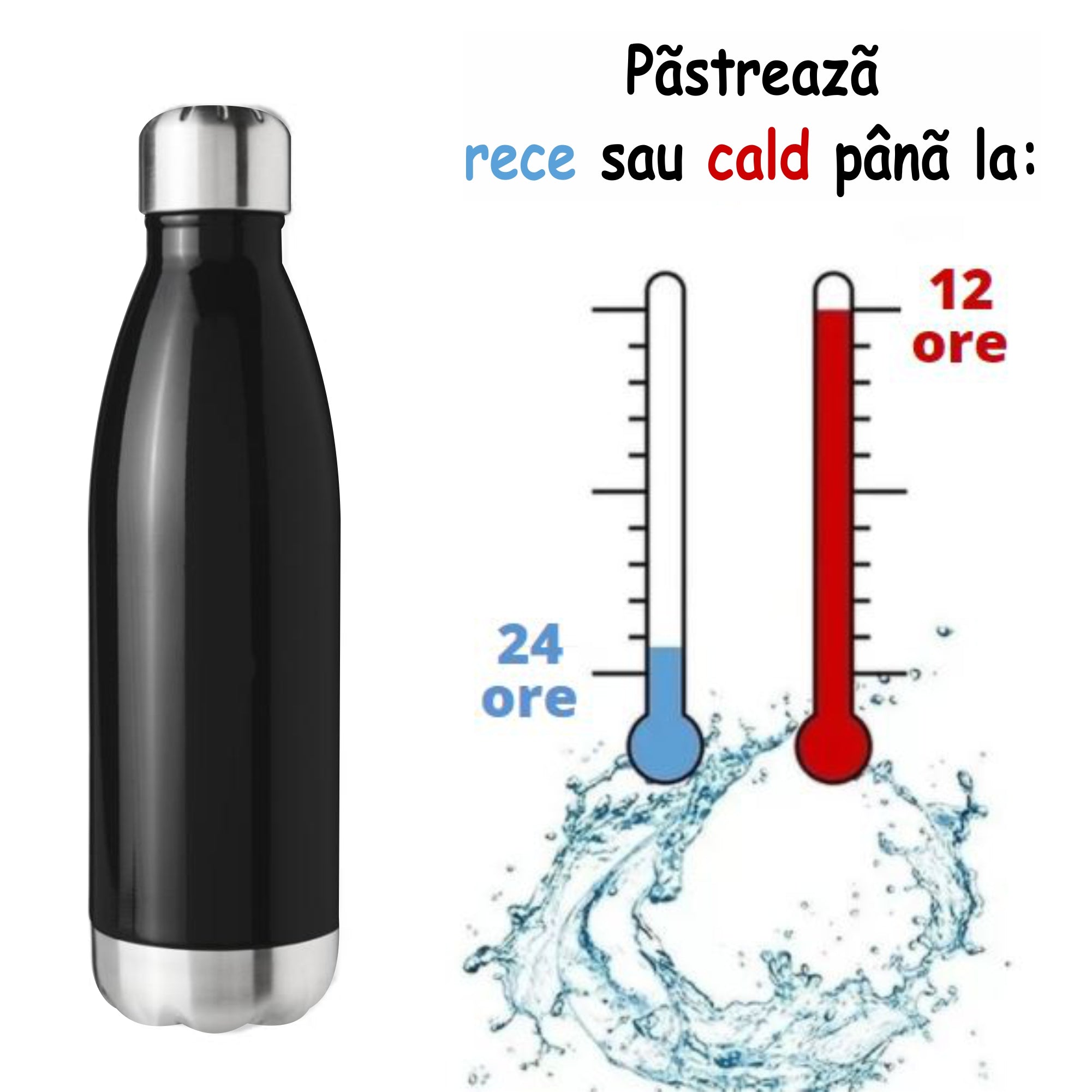 Sticla Termos din Inox, Personalizata cu numele tau, Pereti Dubli, 0.5 L, Negru