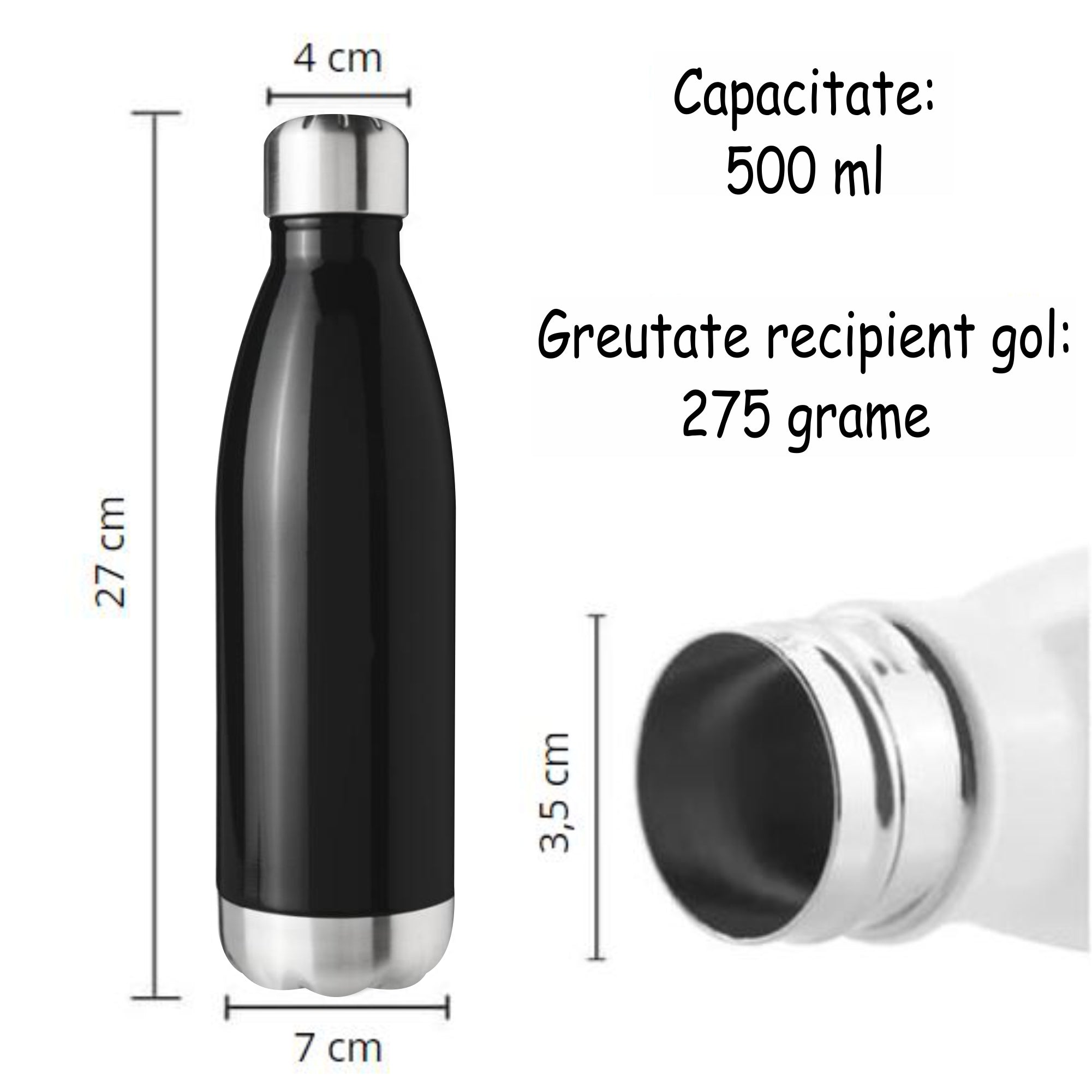 Sticla Termos din Inox, Personalizata cu numele tau, Pereti Dubli, 0.5 L, Negru