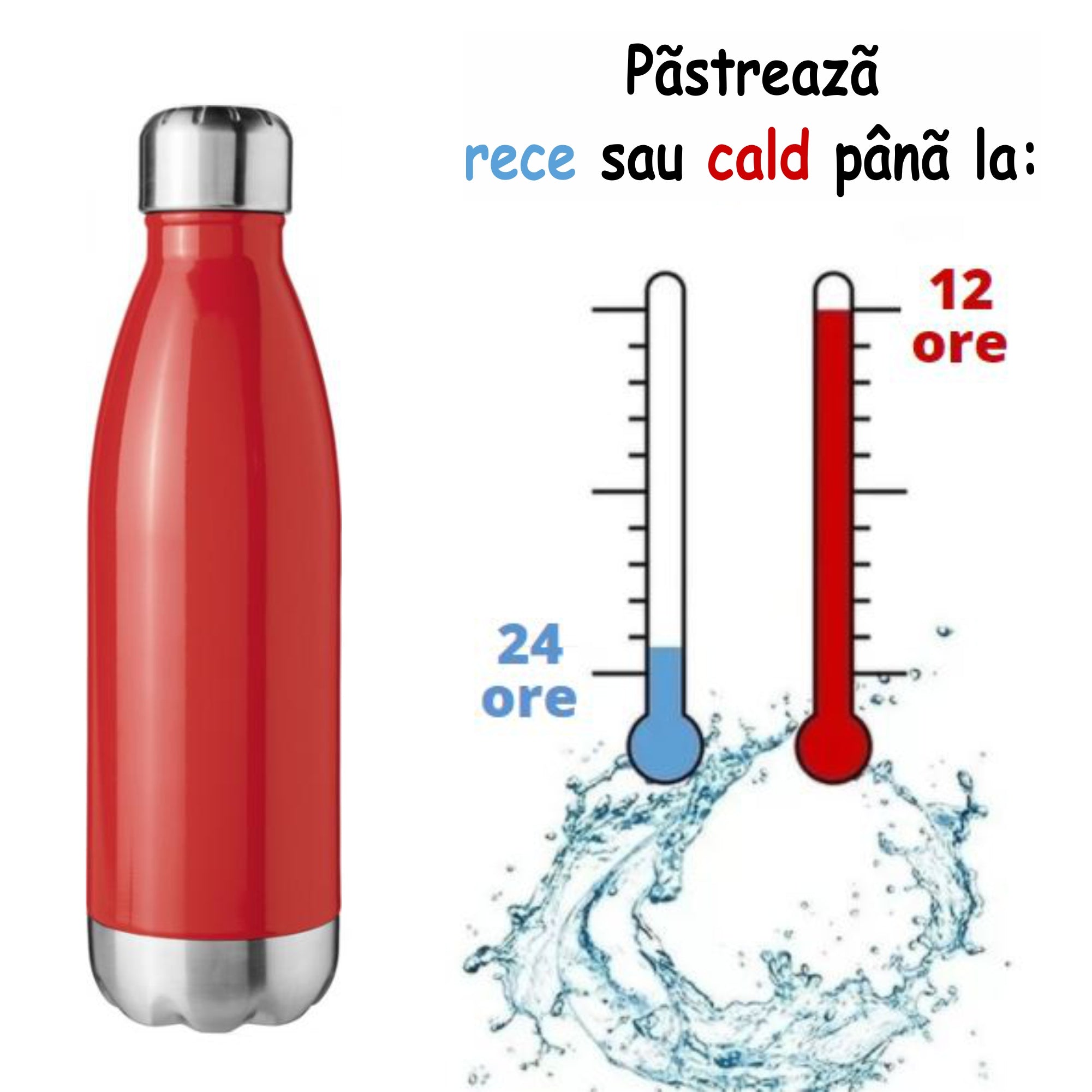 Sticla Termos din Inox, Personalizata cu numele tau, Pereti Dubli, 0.5 L, Rosu Lucios