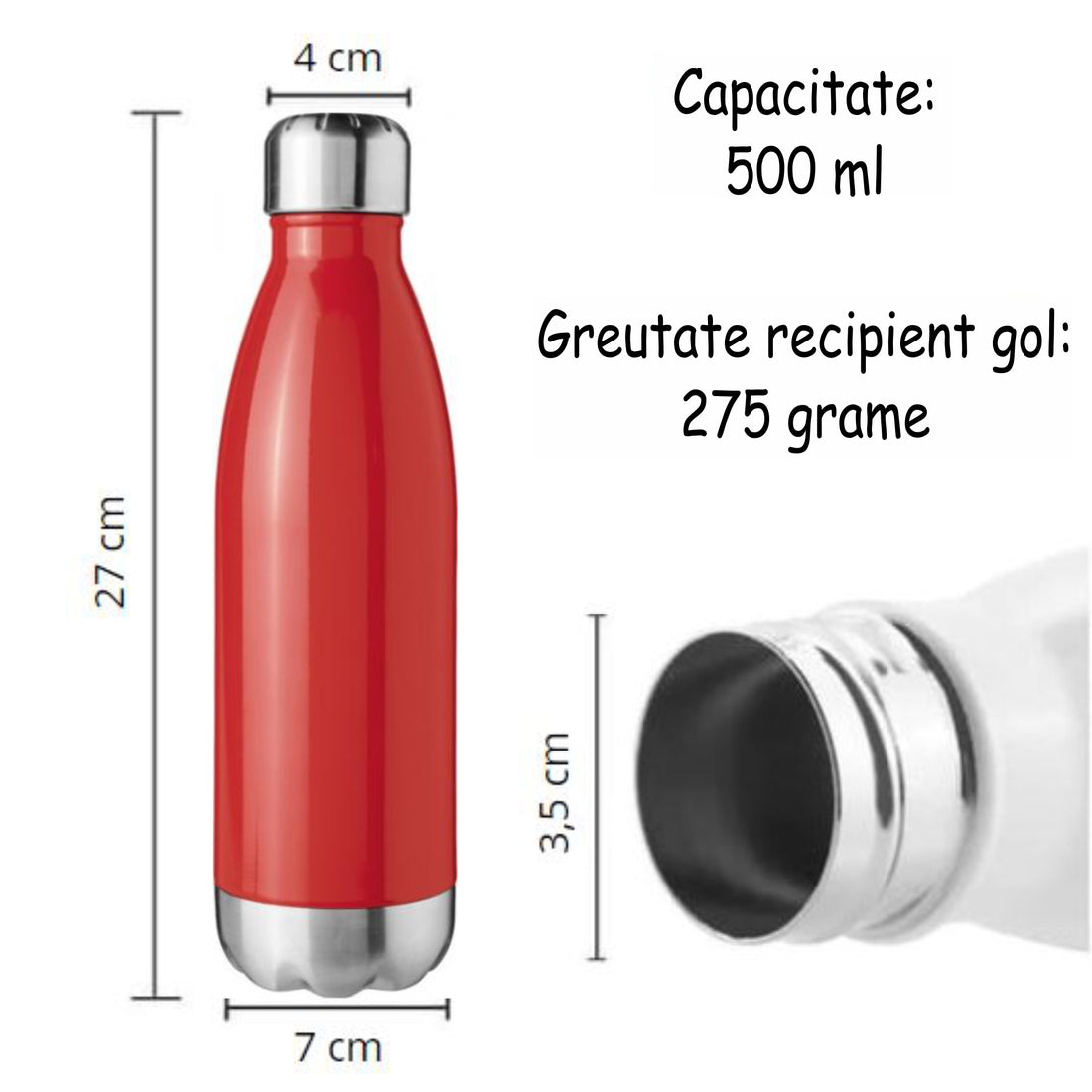 Sticla Termos din Inox, Personalizata cu numele tau, Pereti Dubli, 0.5 L, Rosu Lucios